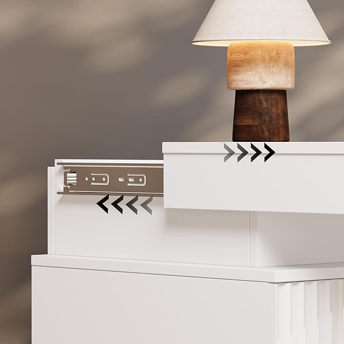 White Nightstand with 3 Drawers and LED Light, Mid Century Modern Fluted Night Stand with Charging Station, Bedside Table & End Table for Bedroom