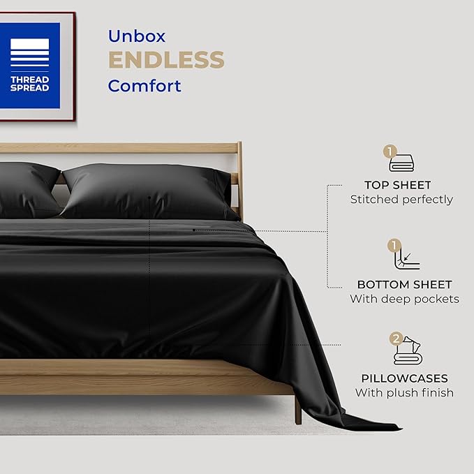 THREAD SPREAD 100% Cotton Sheets Full Size Set - 400 Thread Count 4 PC Full Size Sheet Sets Cotton, (Black), Ultra Soft, Breathable, Cooling, Sateen Weave 16" Deep Pocket Bedsheet for Hot Sleepers