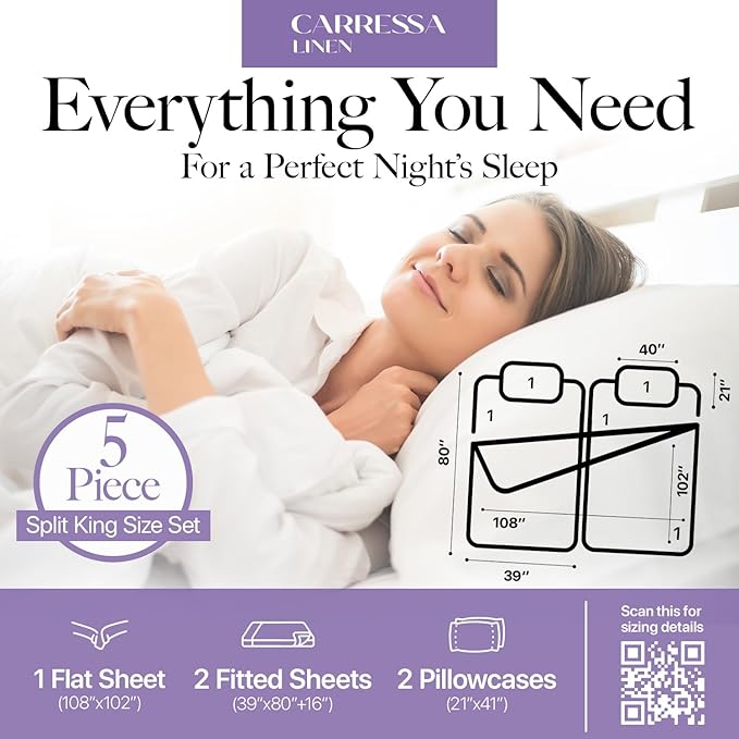 Carressa Linen 100% Egyptian Cotton Split King Sheets Sets for Adjustable Bed - 600 Thread Count 5 PC Top Split King Sheets, 16" Deep Pocket Soft Cooling Sheets for Split King Adjustable Bed - Silver