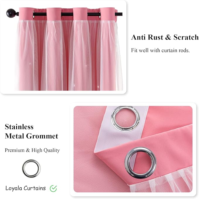 Star Double Layer Blackout Curtains for Bedroom & Kids, Cute, 84 Inch Long 2 Panel Set, Pink, 42 x 84 Inch