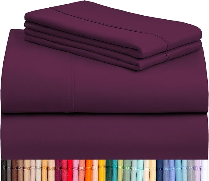 LuxClub 4 PC King Sheet Set, Deep Pockets Wrinkle Free Cooling Bed Sheets Hotel Bedding for Women, Men, Includes 1 Fitted Sheet, 1 Flat Sheet and 2 Pillowcases-Soft Eggplant