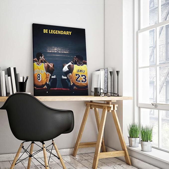 Kobe Bryant and LeBron James Canvas Wall Art Print Poster, Be Legendary Inspirational Sports Picture Artwork, Motivational Mamba Mentality Wall Decor for Home Office Gym Living Room, Framed 8x10inch