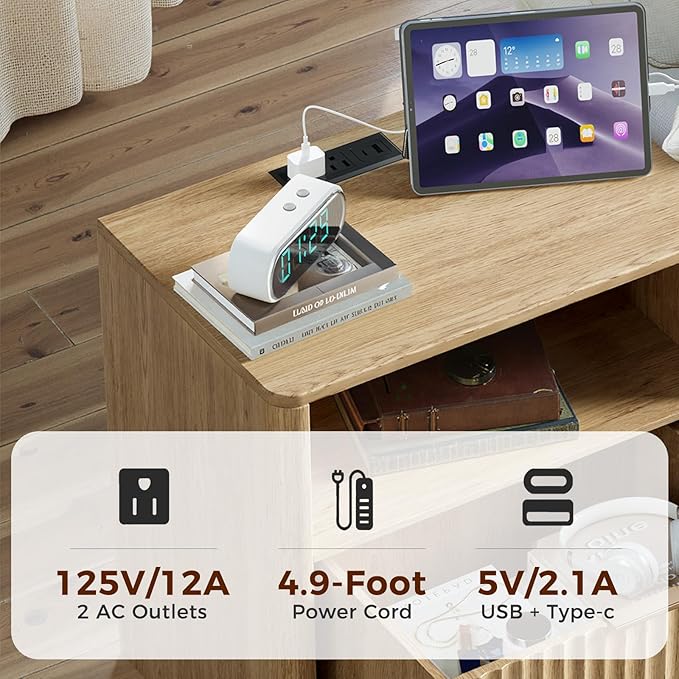 Evermagin Fluted Nightstand Set of 2 with Charging Station, Natural Oak Bedside Table with Drawer and Storage, Wood End Table Mid Century Modern, Large Night Stand for Bedroom