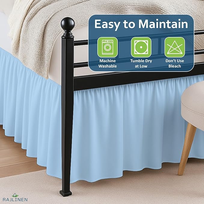Rajlinen Ruffled Bed Skirt King, 16 Inch Drop Dust Ruffle with Split Corners, 100% Microfiber Bedskirt with Platform, Three-Sided Coverage Ruffled Gathering Design, Light Blue