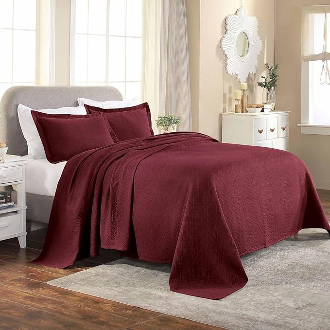 Superior 100% Cotton Basket Weave Bedspread with Shams, All-Season Premium Cotton Matelasse Jacquard Bedding, Quilted-Look Geometric Basket, Queen, Garnet
