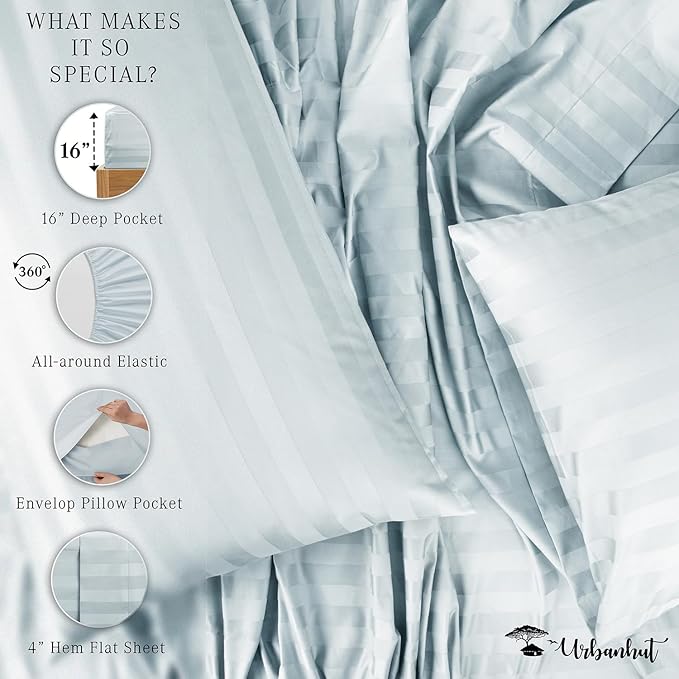 URBANHUT 800 Thread Count 100% Cotton Damask Full Size Sheets, 4 Piece Striped Full Size Bedsheets, Luxury Hotel Sheets Sateen Weave - Better Than Egyptian, 16" Elasticized Deep Pocket- Light Blue