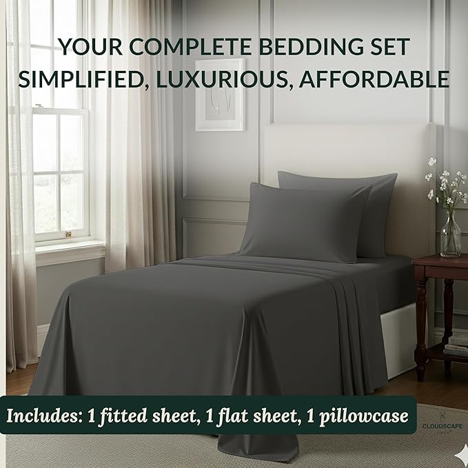 Egyptian Cotton Twin XL Size Sheets Set, 4 Charcoal