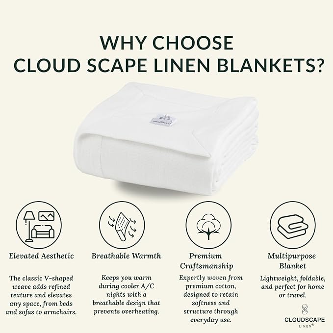 Cloud Scape Linen 100% Cotton Blanket King 92x108 White - Cozy Herringbone Weave, Fits Up to Cal King Beds, Breathable Softness, All-Season Warmth, Heavy Layering Winter Blanket