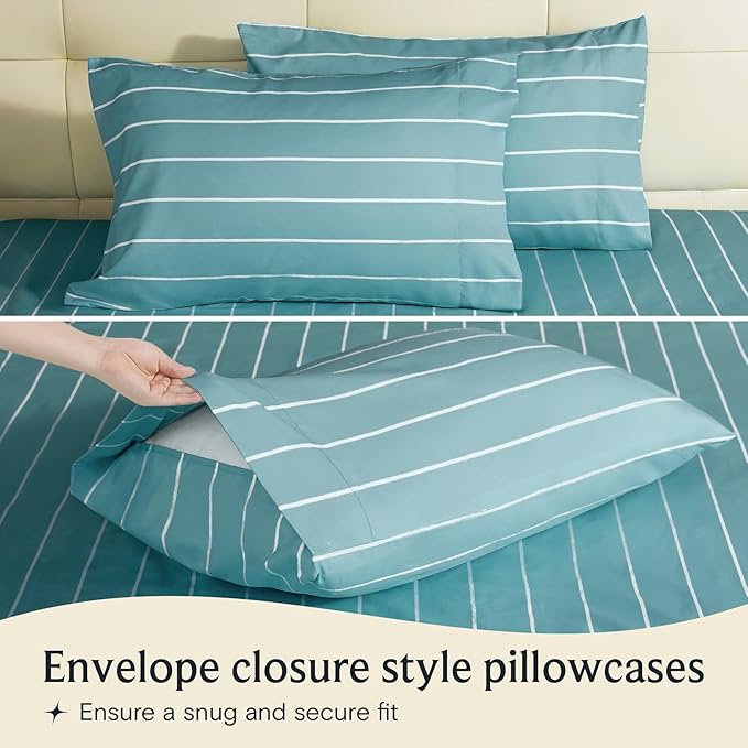LuxClub 4 PC Full Sheet Set, Deep Pockets Wrinkle Free Cooling Bed Sheets Hotel Bedding for Women, Men, Includes 1 Fitted Sheet, 1 Flat Sheet and 2 Pillowcases-Striped - Light Blue