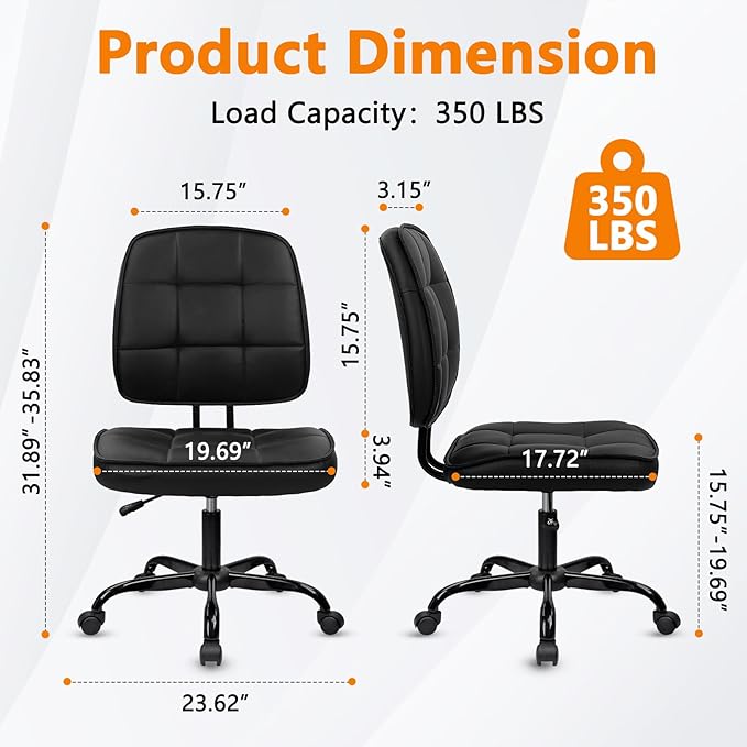 CLATINA Armless Home Office Chair with Lumbar Support and Wheels, Small PU Leather Ergonomic Low Back Desk Chairs No Arms, Adjustable Height 360° Swivel Rolling Computer Task Chair, Black