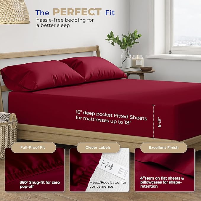 Thread Spread 100% Cotton Bed Sheets Queen Set - 400 Thread Count Cotton Queen Sheets Only, 4 PC Set (Burgundy), Ultra Soft, Breathable, Cooling, Sateen Weave 16" Deep Pocket Bedsheet for Hot Sleepers