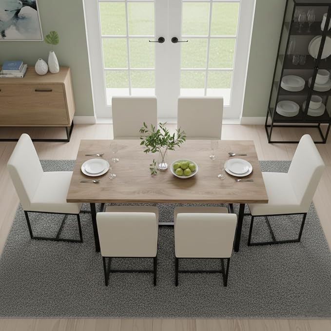 CIMOTA Modern Linen Dining Chair Set of 6, Mid Century Dining Room Chairs Fabric Upholstered Armless Side Chair with Black Sled Base for Dining Room, White Cream 6PCS