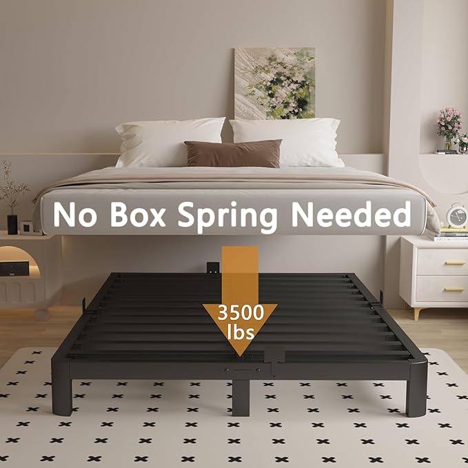 4 Inch Full Size Bed Frame with Metal Gaskets, Black Bed Frame Full No Box Spring Needed, Rounded Corner Design, Heavy Duty Steel Platform Support, Reserved Holes, Noiseless, Easy Assembly