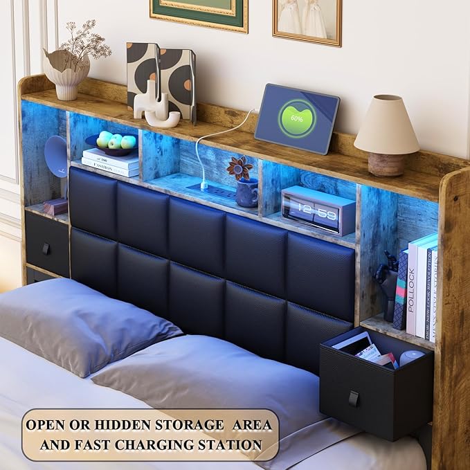 LED Bed Frame King Size with Bookshelf PU Leather Headboard, 2 Hidden Storage Drawers, Upholstered Platform Bed with Charging Station, Metal Slats Support, Noise Free, No Box Spring Needed