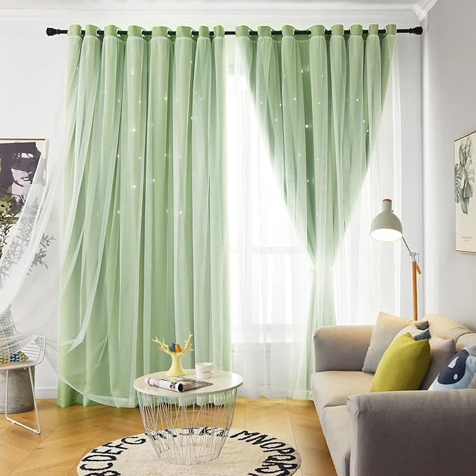Star Double Layer Blackout Curtains for Bedroom, Kids - Cute, 108 Inches Long, 2 Panels Set, Green, 42 X 108 Inches