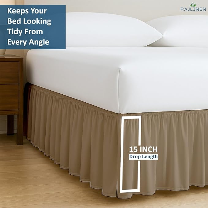 Rajlinen Ruffled Bed Skirt Twin, 15 Inch Drop Dust Ruffle with Split Corners, 100% Microfiber Bedskirt with Platform, Three-Sided Coverage Ruffled Gathering Design, Taupe