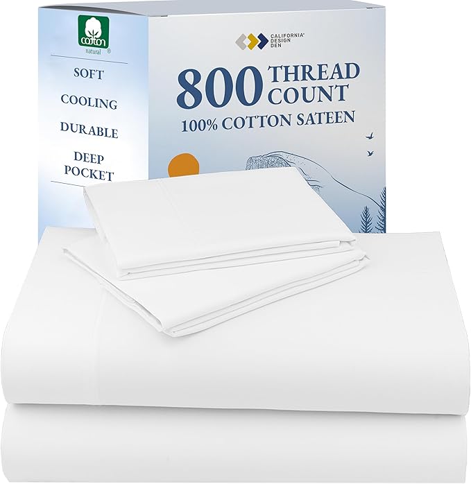 California Design Den Luxury 800 Thread Count 100% Cotton Sheets for Queen Size Bed - Soft Sateen,Deep Pockets for a Snug Fit, Durable Bedding Set - White Sheets