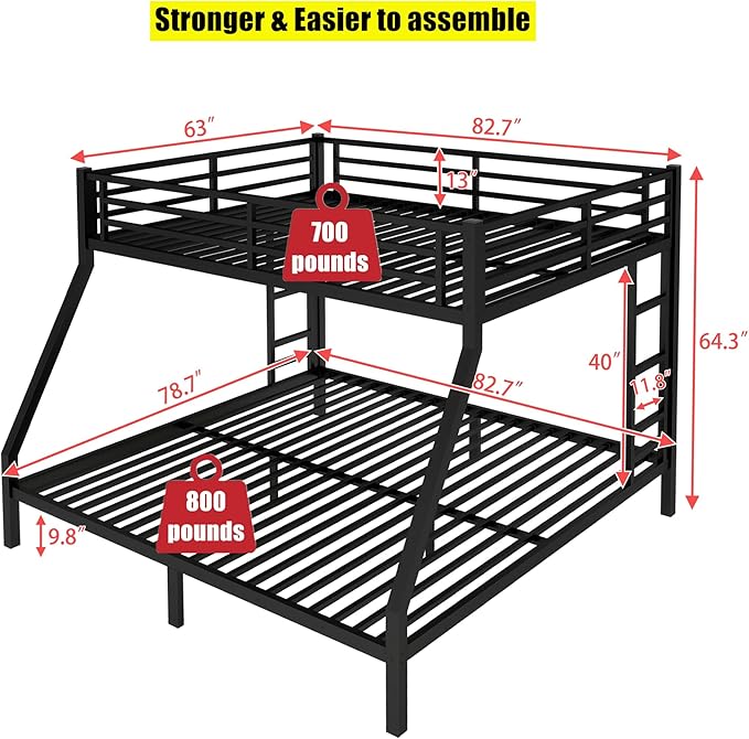 Higher Quality & Stronger Heavy Duty Metal Bunk Bed Frame Queen Over King Size for Adults Teens, Thickened More Stable Steel Bunkbed (Queen Over King)