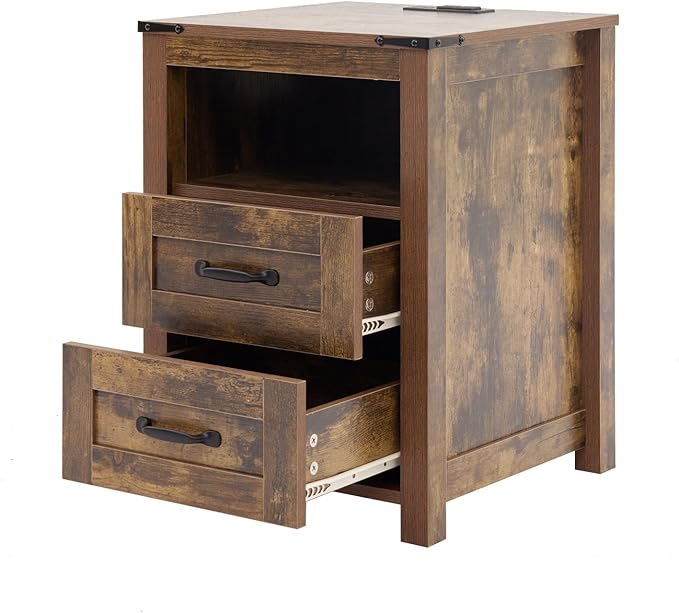 Puntogen Brown Night Stand, Rustic End Table with Charging Station, Farmhouse Tall Nightstand for Bedroom, Drawer Dresser Bedside Table with Open Storage Shelf