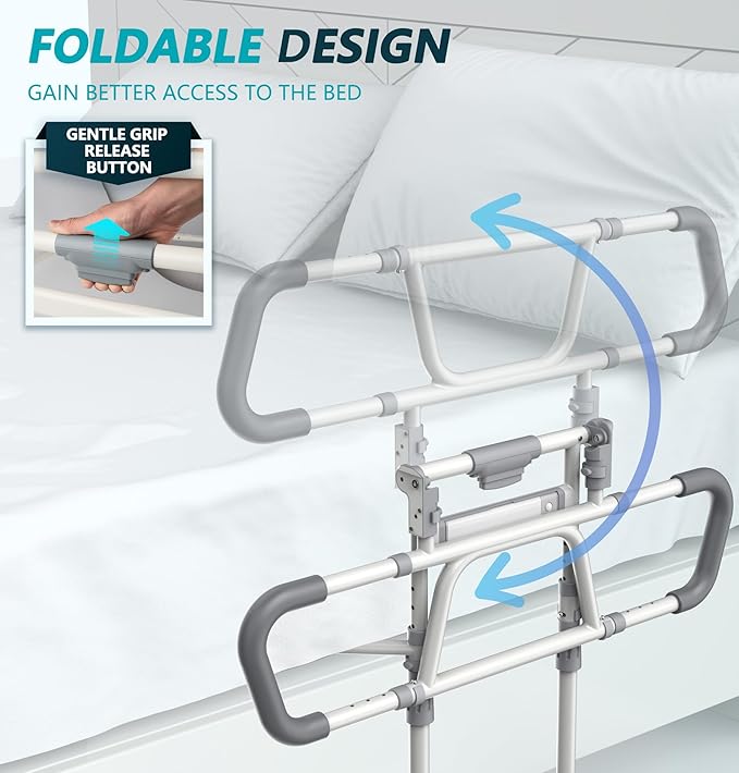 Packve Foldable Bed Rails for Elderly Adults Safety - Bed Side Assist Rail for Seniors with Extendable Guard Rails & Storage Bag, Adjustable Height Bedrails for Queen King Full Size Bed