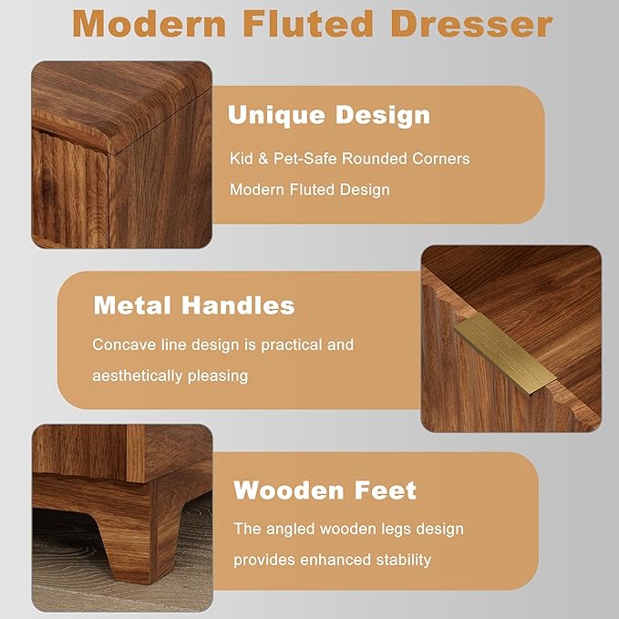 3 Pcs Bedroom Furniture Set, 8 Drawer Fluted Dresser and Nightstand Set of 2 with Charging Station, Modern Bed Side Table Chest of Drawers Storage Cabinet Set for Bedroom, Living Room, Walnut