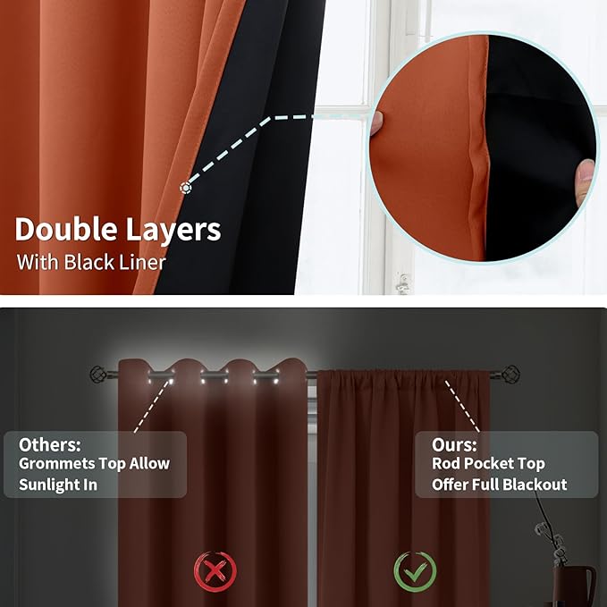 BGment Terracotta 100% Blackout Curtains for Bedroom, Fall Full Room Darkening Noise Reducing Living Room Curtains 72 Inch Length, Thermal Insulated Rod Pocket Window Drapes 2 Panels, 52 Inch Wide