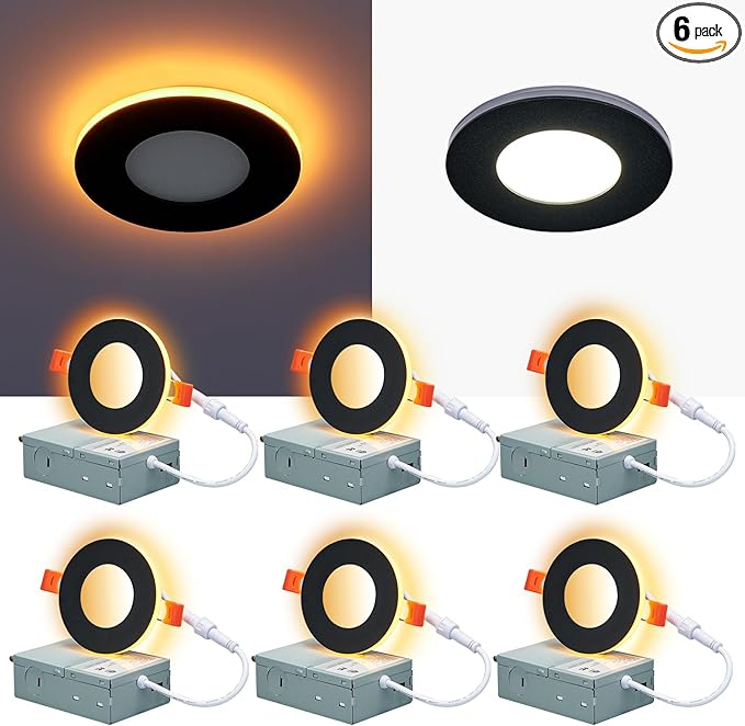 CycevSun 3 Inch Black LED Recessed Lights with Night Light, Dimmable & 5CCT Selectable Canless Downlight Wafer Outdoor Soffit, 6W, ETL, IC Rated, 6 Pack