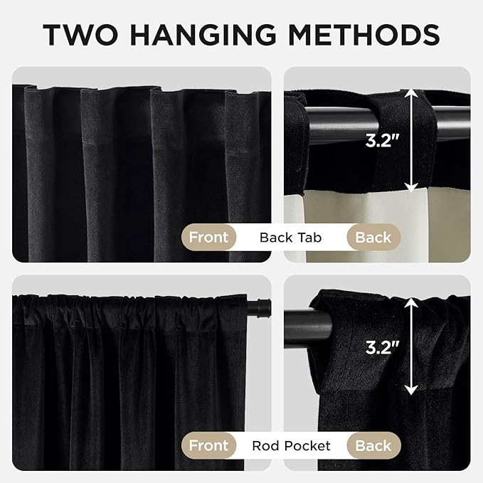 Joydeco Black 100% Blackout Curtains 96 Inch 2 Panels, Luxury Thermal Insulated Black Velvet Curtains for Bedroom Living Room, Soundproof Blackout Window Drapes, Rod Pocket & Back Tab (52W x 96L)