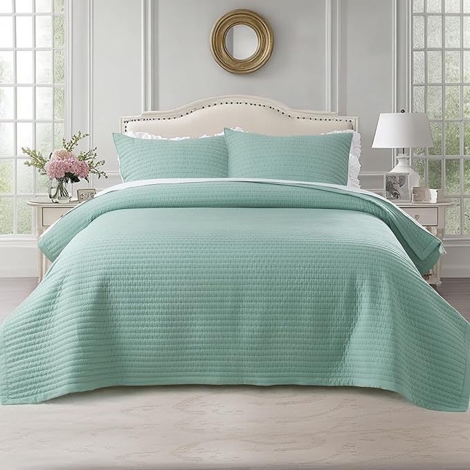 KASENTEX Queen XL Quilt Set 98"x98" – Soft Washed 3-Layer Lightweight Bedspread, Minimalist Nordic Design, All-Season Spring & Summer Quilt Set (1 Quilt + 2 Pillow Shams), Green