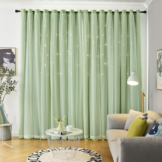 Stars Double Layer Blackout Curtains for Bedroom Kids, 72 Inches Long 2 Panels Set, Green