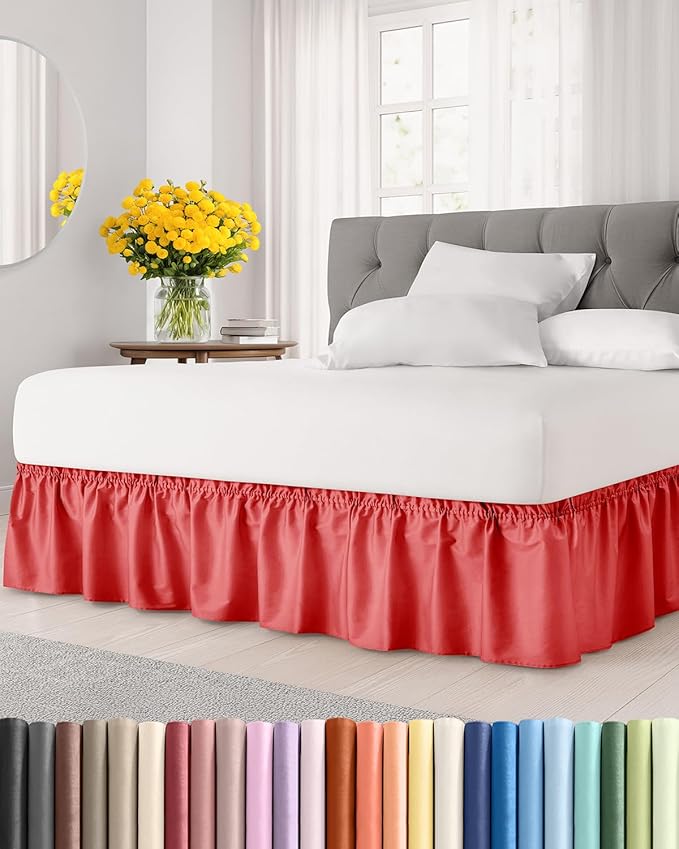 Wrap Around Dust Ruffle Bed Skirt - Red - Twin/Twin XL Size Beds with 12 Inch Drop - Easy Fit Elastic Strap - Adjustable Pleated Bedskirt w/Brushed Fabric - Wrinkle Free - Women, Men, Kids & Teens