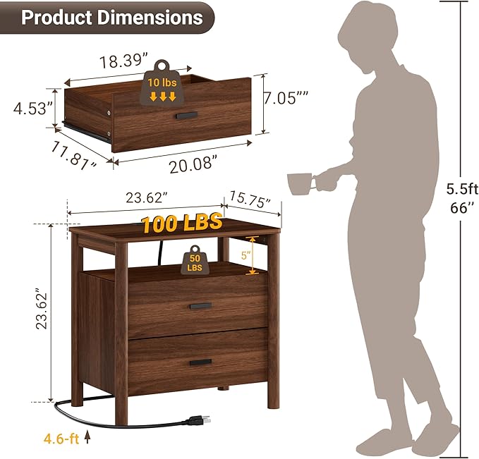 FavourLife Night Stand Set 2, 23" Wide Nightstands Set of 2, Walnut Nightstand with Charging Station, 2 Drawer Wooden End Table with Solid Round Post Legs & Open Shelf,Modern Bedside Table for Bedroom