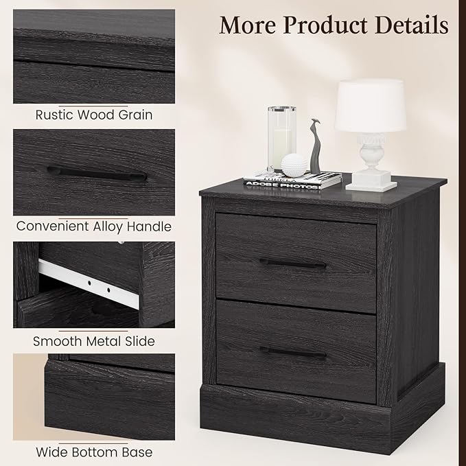 Giantex Farmhouse Nightstand, Wood Bedside Table with 2 Storage Drawers, Compact Floor Night Stand End Table, Accent Sofa Side Table for Bedroom, Grey Oak