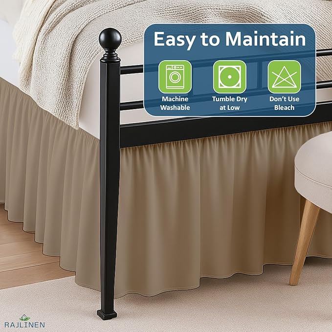 Rajlinen Ruffled Bed Skirt California King, 21 Inch Drop Dust Ruffle with Split Corners, 100% Microfiber Bedskirt with Platform, Three-Sided Coverage Ruffled Gathering Design, Taupe