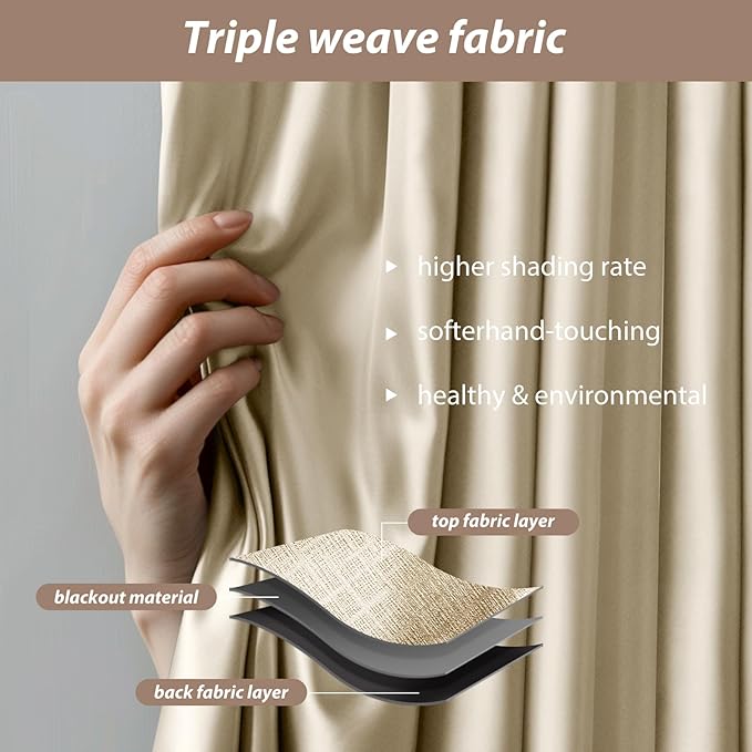 Room Divider Curtains with Ceiling Curtain Track Set Window Curtain for Bedroom,Living Room Total Blackout Thermal Insulated Privacy Ceiling Track Curtain W 12 × H 7 FT Beige drape&Black track