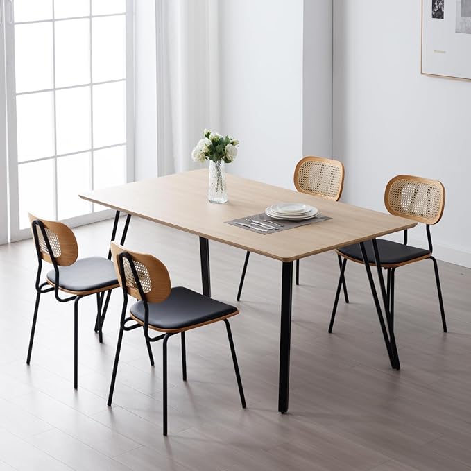 HEAH-YO Modern Dining Chairs Set of 4, Upholstered Faux Leather Dining Room Chairs with Rattan Backrest and Metal Legs, Armless Kitchen Chairs for Dining Room, Black