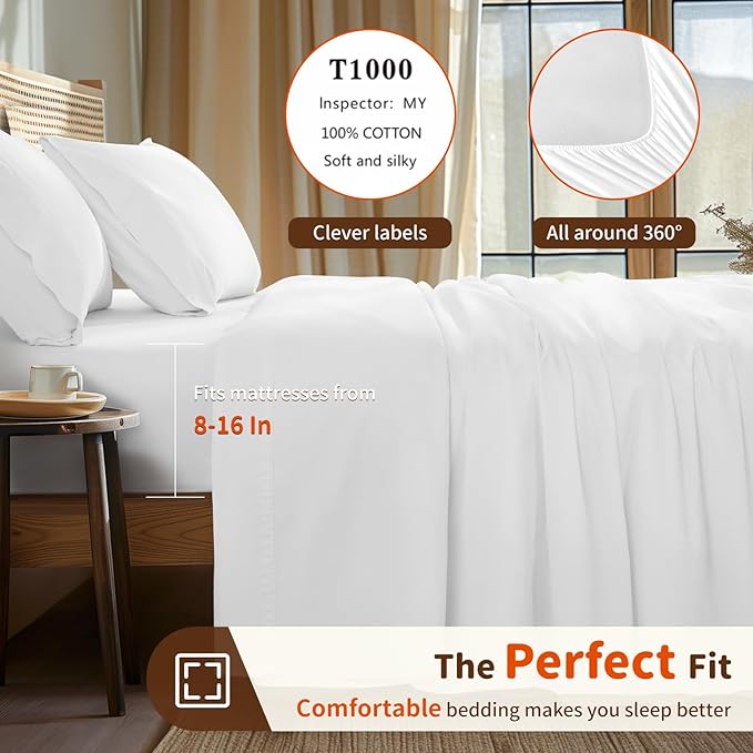 LBRO2M 1000 Thread Count 100% Egyptian Cotton Sheets Set Twin XL, 3 Piece Sets Bed Sheet Deep Pocket Sheet Set 16" Soft Comfortable All Season (Twin XL, White)