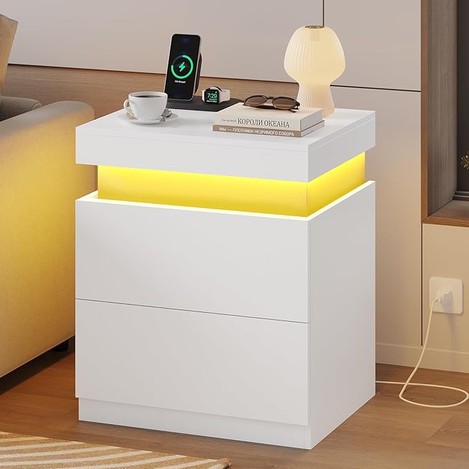 ADORNEVE White Nightstand with Charging Station and LED Lights,Night Stand with Sliding Top,Bedside Table with 2 Drawers,Modern End Side Table for Bedroom