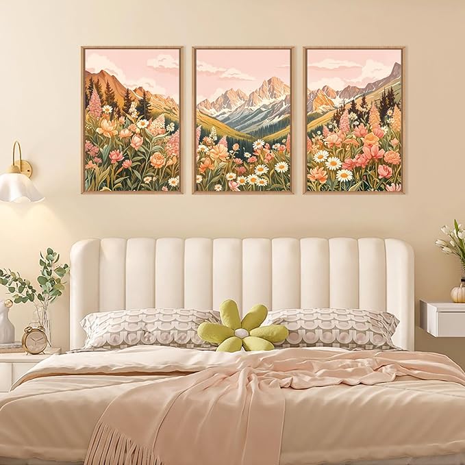 LHIUEM Large Abstract Colorful Mountain Framed Canvas Wall Art,Boho Pink Flower Wall Decor, Nature Wildflower Wall Painting,Bohemian Artwork for Living Room,Bedroom,Dining Room,Office -16"x24"x3