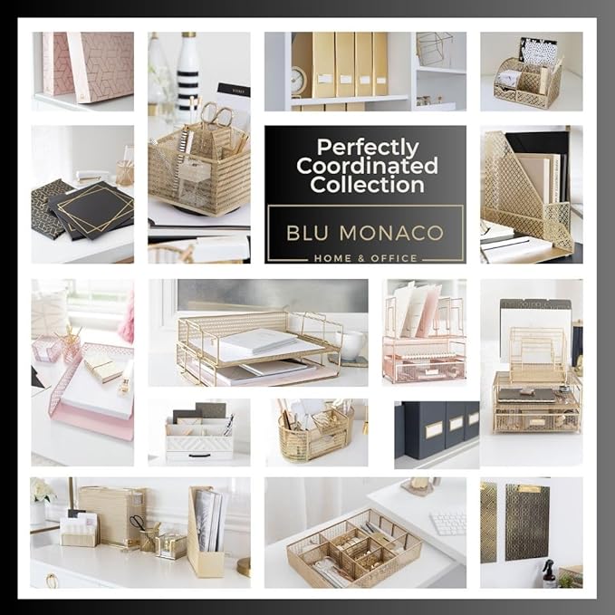 BLU MONACO Set of 4 Magazine Holders | White Marble Design with Gold Label Holders | Foldable File Organizer Boxes for Desk, Office & Classroom | Stylish Paper & Magazine Storage