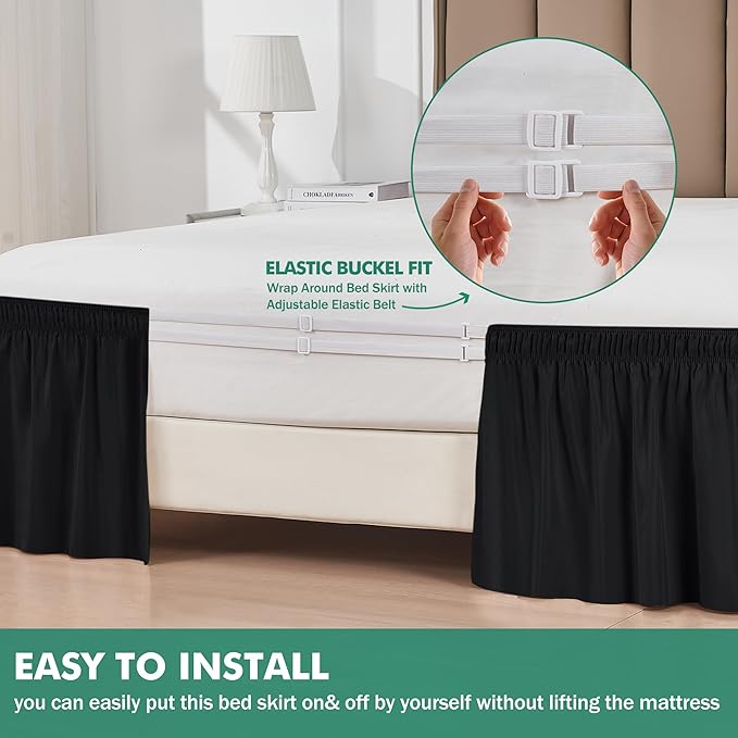 Biscaynebay Wrap Around Bed Skirts with Split Corners for King Beds 17" Drop, Black Elastic Dust Ruffles Adjustable Easy Fit Wrinkle & Fade Resistant Silky Luxurious Fabric Machine Washable