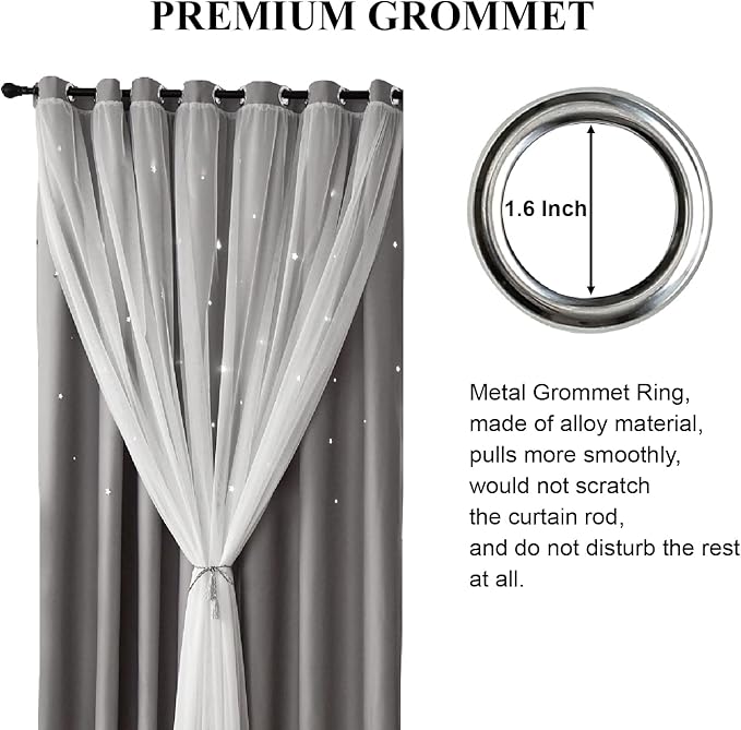 Star Curtains Blackout Curtains for Bedroom Kids Room Curtains Nursery Curtains Double Layer Curtains Kids Curtains for Boys, Blackout Curtains 108 Inches Long, Grey Curtains, 52 X 108 Inches