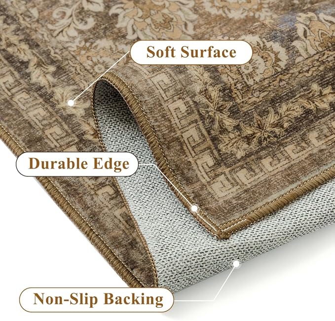 2x8 Runner Rug Brown Vintage Hallway Long Carpet Indoor Kitchen Washable Living Room Low Pile Traditional Distressed Retro Floral Accent Throw Rug Non Slip Laundry Bathroom Office Dining Room