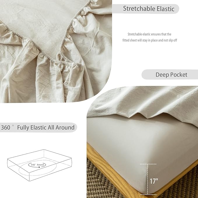 MooMee Fitted Bottom Sheet Only 100% Washed Cotton Linen Like Textured Breathable Durable Soft Comfy Deep Pocket Fits Mattress up to 17" (Cream Grey, King) New