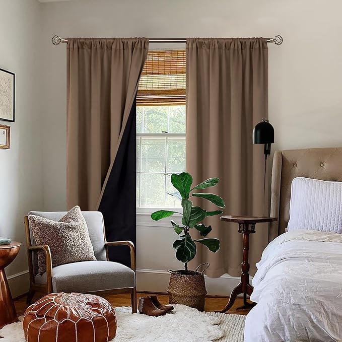 BGment Thermal Insulated 100% Blackout Curtains for Bedroom with Black Liner, Double Layer Full Room Darkening Noise Reducing Rod Pocket Curtain (52 x 84 Inch, Taupe, 2 Panels)