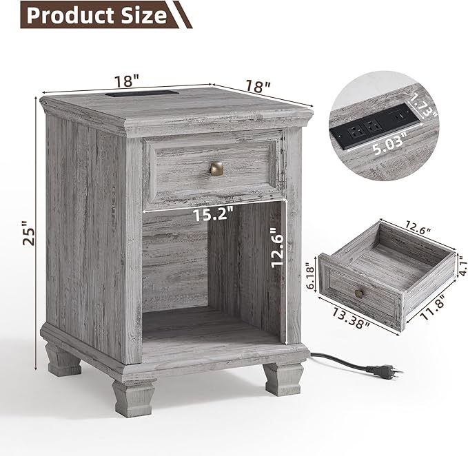 SAVOR LIFE Farmhouse End Tables Living Room with Drawer, Rustic Wood Nightstand with Charging Station, Bedside Table with Open Shelf for Bed Room, Living Room, Grey