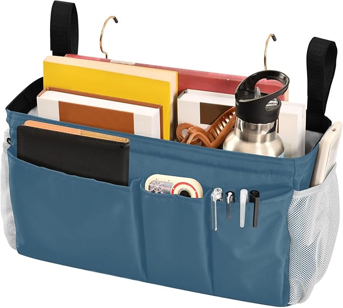 KOPIRIT Caribbean Blue Bedside Caddy Storage Bag Bedside Organizer for Bunk Bed Headboards College Bedside Shelf Hanging Organizer 6 Pockets with Hooks for Book Glasses Phone Holder