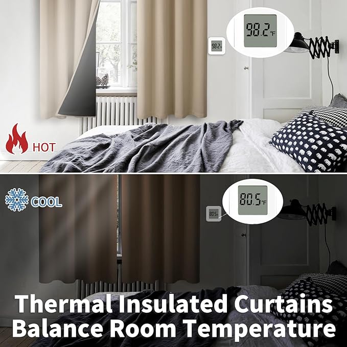 BGment Thermal Insulated 100% Blackout Curtains for Bedroom with Black Liner, Double Layer Full Room Darkening Noise Reducing Grommet Curtain (52 x 90 Inch, Sand, 2 Panels)