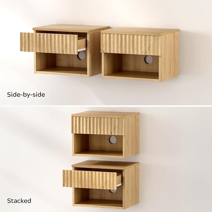 Floating Nightstand with Drawer, Modern Small Night Stand with Fluted Door and Open Storage Shelf Wall Mounted Bedside Table for Bedroom, Entryway Natural Oak