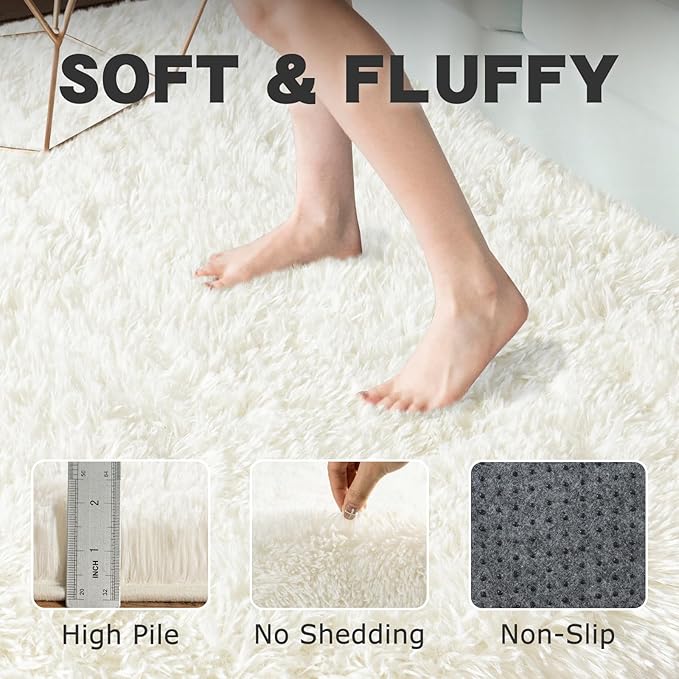 Round White Rug for Bedroom, 6 ft Circle Area Rugs for Living Room, Soft Fluffy Shag Carpet for Teen Girls Boys Nursery Room Dorm Home Decor Aesthetic